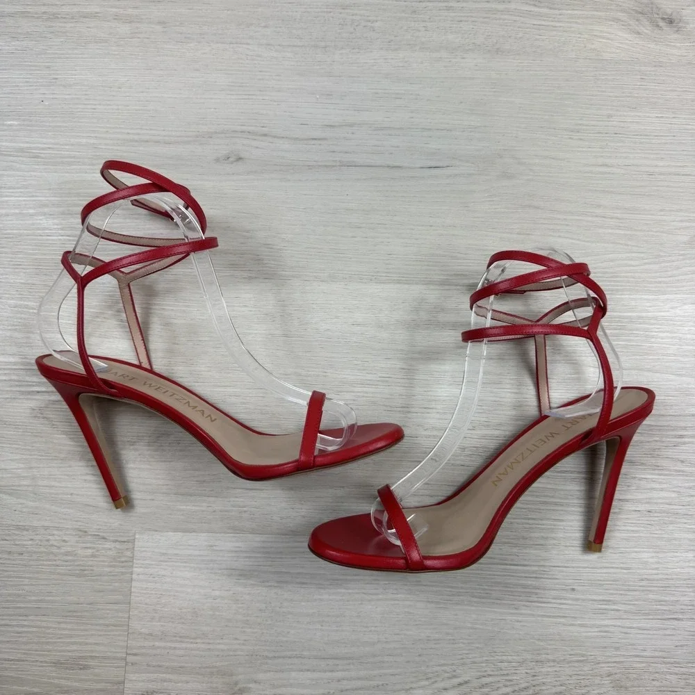 Stuart Weitzman Ellsie 100 Wrap Stiletto Heel Size 8.5 Red Square Toe $575
